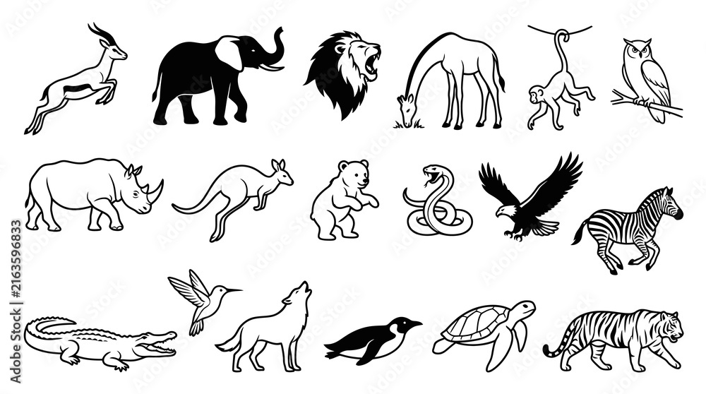 Naklejka premium Black White Line Art Animal Icons Collection. Wildlife, Nature, Safari, and Zoo Creatures Vector Set.