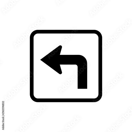 Left turn sign icon, a black square with rounded corners enclosing a black arrow indicating a left turn, is prominently displayed on a white background.