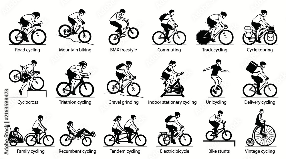 Fototapeta premium Black and White Outline Icons: Diverse Cycling Types for Sports, Recreation, and Transportation.
