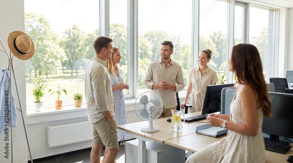 Fototapeta premium Young diverse office colleagues chatting together during a casual business meeting in a modern bright workspace