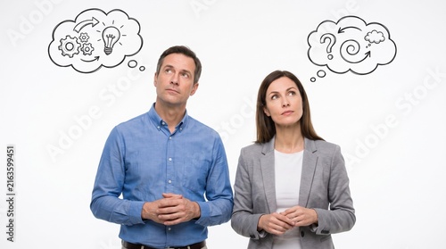 Thinking man and woman with logic and creativity thought bubbles