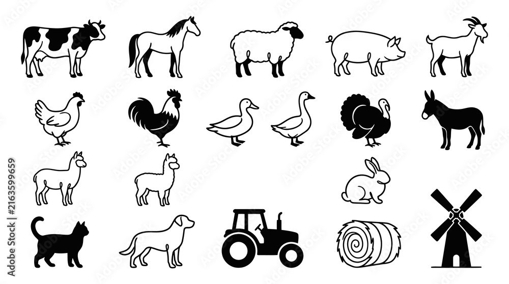 Naklejka premium Farm Animals and Agriculture Icons Set in Black and White Line Art Style - Livestock Rural Glyphs