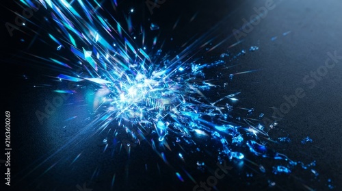 Abstract Blue Light Burst With Glowing Particles And Sparkling Crystal Fragments On Dark Background