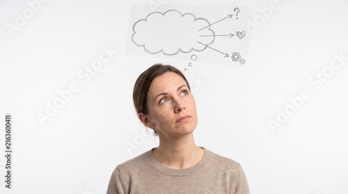 Thoughtful woman with decision making thought bubble concept