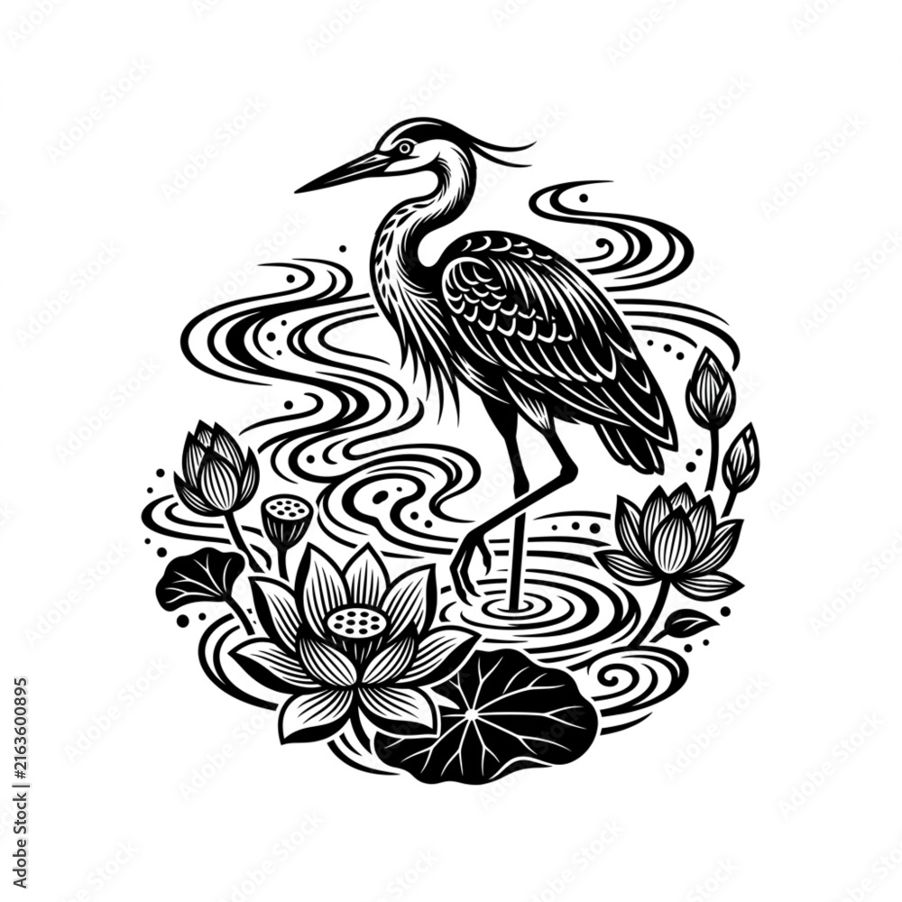 Naklejka premium Elegant Heron Standing in Water Surrounded by Lotus Flowers in Artistic Style.