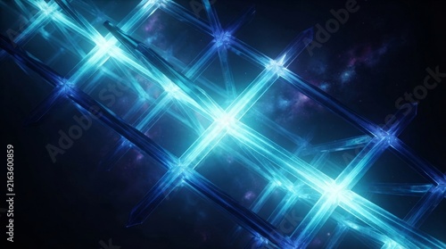 Glowing Neon Blue Lattice Structure Floating In Dark Space With Vibrant Light Flares And Particles