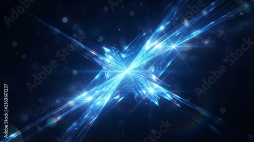 Abstract Glowing Blue Light Particles Exploding In Dark Space With Lens Flare And Motion Trails