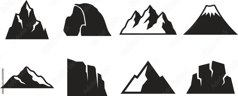 Fototapeta premium Set of black mountain vector icons featuring peaks cliffs volcanoes and rock formations for outdoor designs