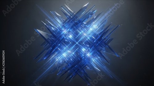 Abstract Geometric Blue Crystal Sphere With Radiant Light Rays Against A Dark Blurred Background