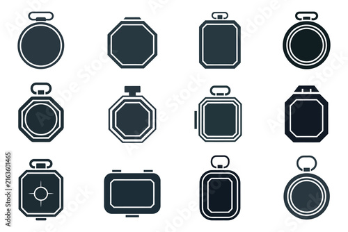 Vintage pocket watch icons set Classic timepiece silhouettes for design projects