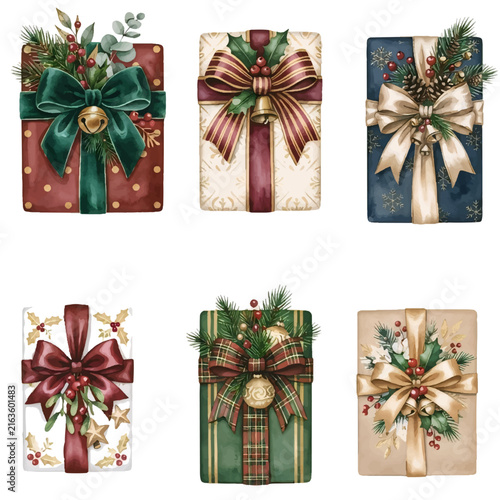 Christmas Gift Boxes Set with Colorful Wrapped Presents, Red and Gold Boxes Decorated with Bows and Ribbons for Holiday Celebration, Surprise, Shopping and Festive Decoration