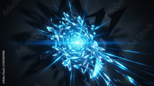 Abstract Glowing Blue Crystal Explosion With Sharp Shards And Intense Light Rays In Dark Background
