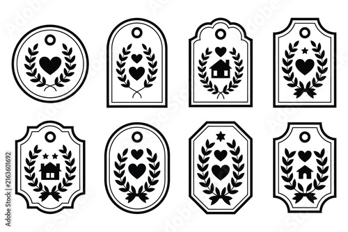 Vintage Tag Frame Labels with Laurel Wreath and Heart Silhouette Icons
