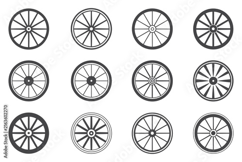 Vintage Wooden Wagon Wheel Vector Icons Set for Western Carriage Design