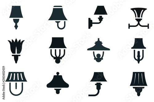 Wall lamp icons set Modern interior lighting fixtures and home decor vector symbols