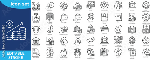 Money Management line editable icon set. Editable Stroke. Containing money management, budgeting, expense, finance, saving, income, and more.