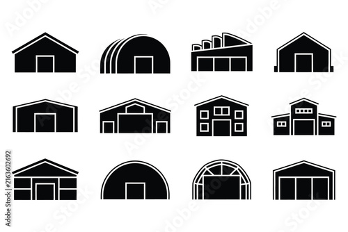 Warehouse and industrial building vector icons set isolated on white background