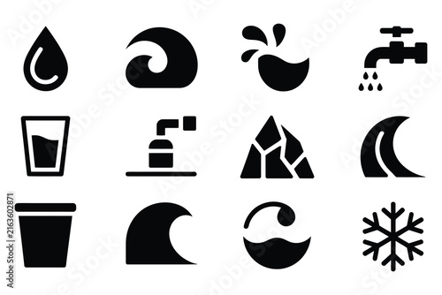 Water drop wave splash and faucet icon set for nature and clean liquid