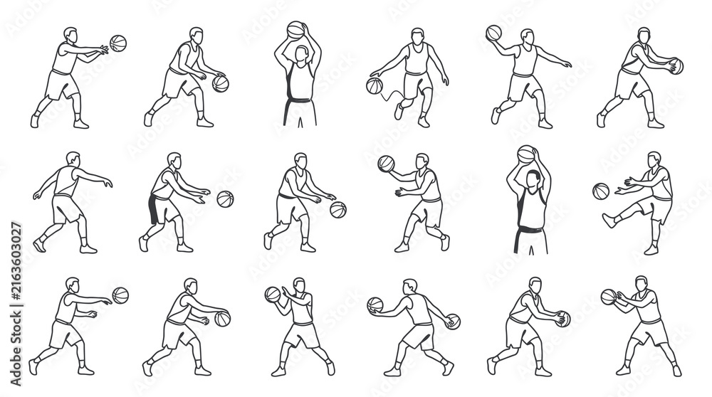 Obraz premium Black and White Line Art of Basketball Players in Various Poses, Sport Iconography
