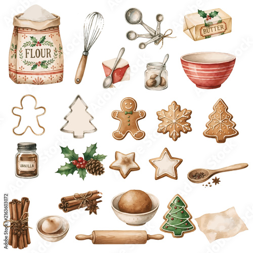 Christmas Gingerbread Cookie Collection Set with Sweet Cartoon Holiday Desserts, Festive Xmas Cookies, Candy, Hearts, Chocolate, Tree and Decorative Winter Elements for Celebration Design