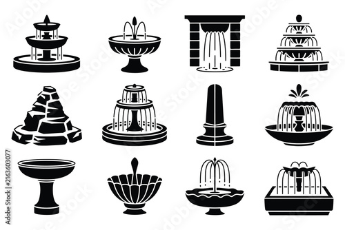 Water Fountains and Garden Cascade Waterfall Black Glyph Icons Vector