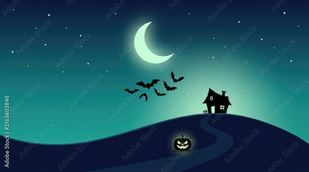 Fototapeta premium Minimalist halloween scene with a crescent moon, flying bats, a spooky house on a hill, and a single glowing jack o lantern at night