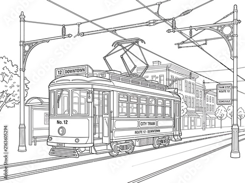 Black and white line art illustration of a vintage streetcar traveling through a city street.