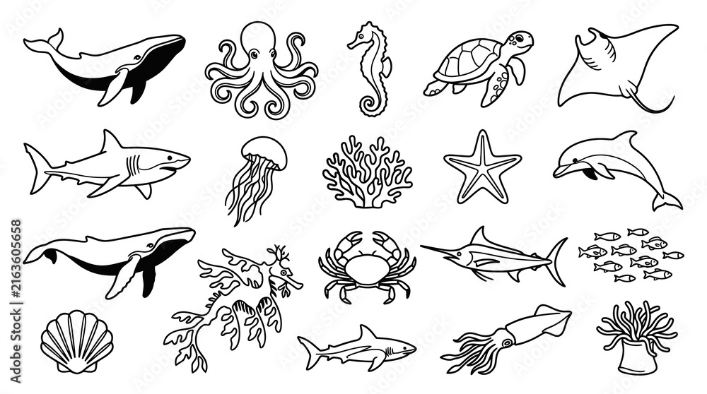 Obraz premium Ocean Marine Life Creatures Black and White Line Art Vector Set. Sea Animals Underwater Nature Outline Doodles Collection