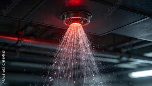 Fire Sprinkler Spraying Water for Automatic Fire Suppression System, Building Fire Safety Equipment, Emergency Protection, Fire Prevention and Commercial Property Safety