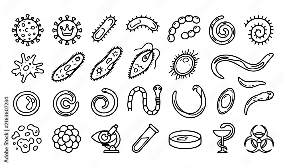 Fototapeta premium Hand Drawn Viruses Parasites and Microorganisms Outline Icon Collection
