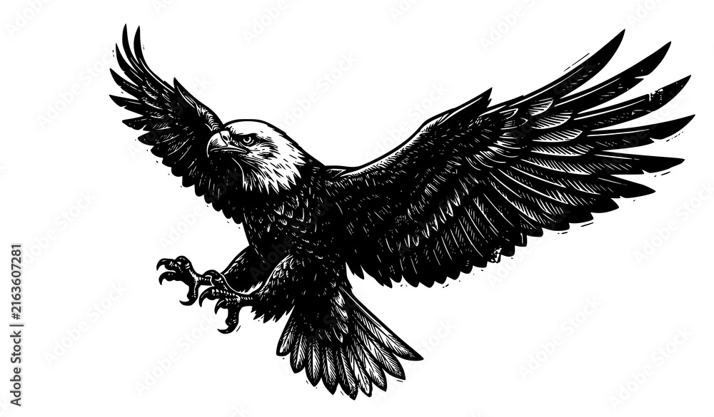Fototapeta premium Fierce Bald Eagle Mascot Soaring Vintage Woodcut Engraving Vector