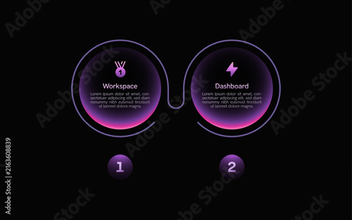 2 step infographic template featuring neon pink highlights, dark futuristic aesthetic, clean process diagram, business workflow, technology presentation, modern information visualization