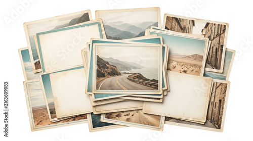 Vintage photo prints collection, nostalgic travel snapshots and blank polaroid frames, antique paper memory collage isolated PNG with Transparent Background