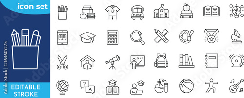 Back to school line icon set. Editable stroke. Contain icons related to school, education, learning, studying, and more.