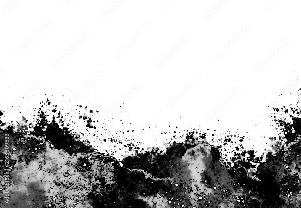 Obraz premium Watercolor Splash Blot with Gritty Charcoal Ink Textures Explosive Spray Splatters and Distressed Paint Stains Isolated on transparent Background
