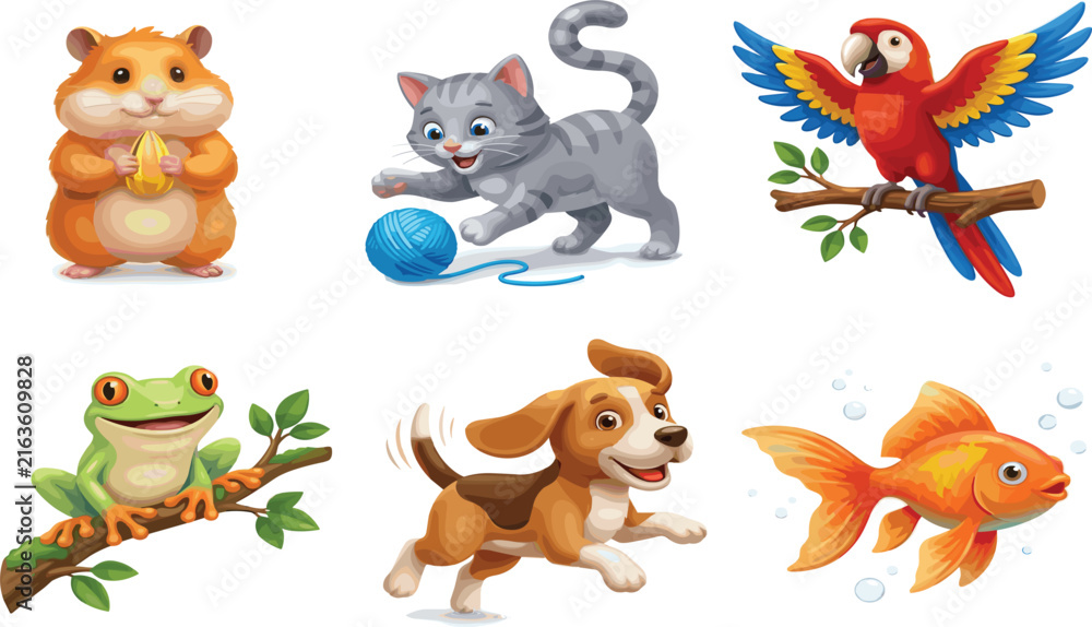 Fototapeta premium Cute Cartoon Domestic Pets and Small Animals Character Set Isolated on White Background