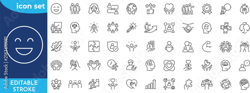 Core Values icon set. Editable stroke. Containing core values, innovation, quality, integrity, responsibility, teamwork, reliability, honesty, and more. Outline Icon Collection.
