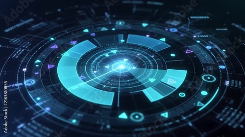 nimation futuristic sci-fi digital of a navigation interface with orbiting markers in a dark background.