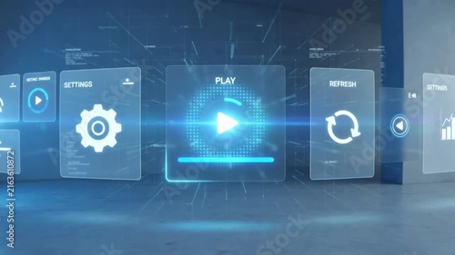 Animation minimalistic tech display with holographic UI panels in a futuristic background.