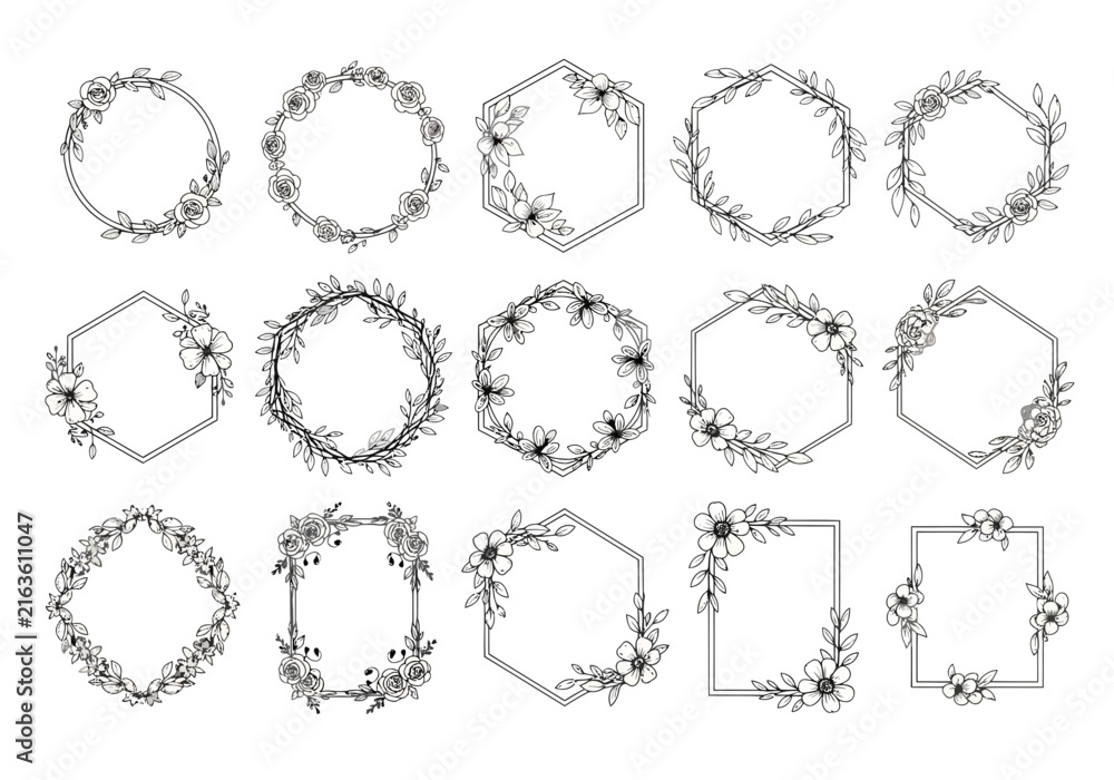 Fototapeta premium Collection of hand drawn floral wreaths and circular frames vector set with floral wreath flower wreath leaf garland round border nature element botanical
