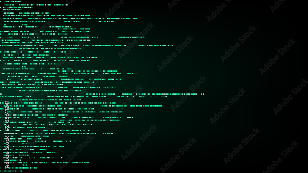 Fototapeta premium Abstract green matrix code streaming horizontally on dark background, futuristic digital technology cyber security programming and high tech data visualization design