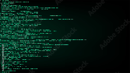 Abstract green matrix code streaming horizontally on dark background, futuristic digital technology cyber security programming and high tech data visualization design