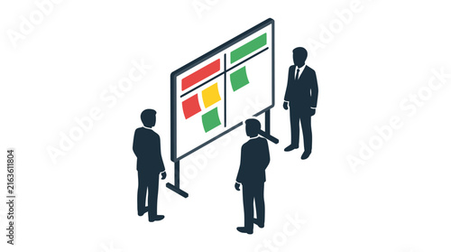 Three businessmen working on a Kanban board for project management