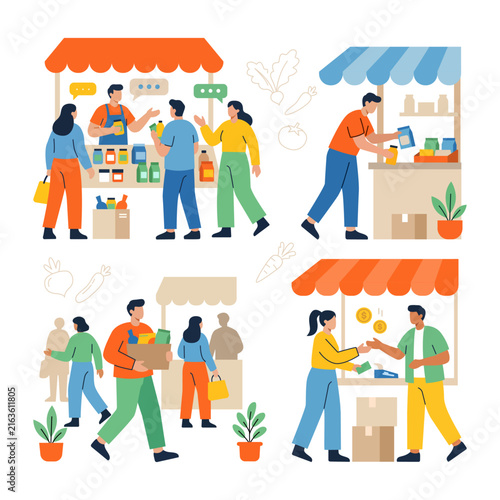 Collection of small business scenes with local food stalls, vendors, and customers shopping in flat vector style