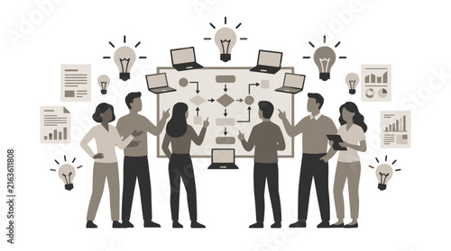 Business Team Collaborative Brainstorming and Strategy Planning Process Illustration