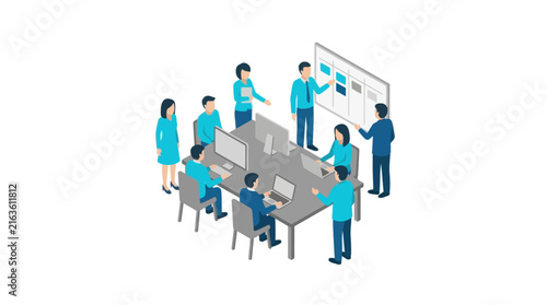 Isometric illustration of a business team collaborating in a modern office meeting