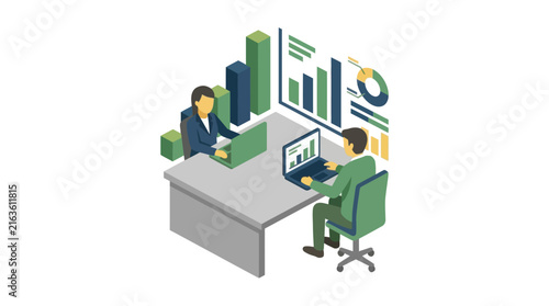 Business Professionals Analyzing Data and Charts Isometric Illustration