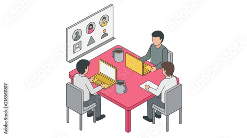 Isometric illustration of a team having a video conference meeting