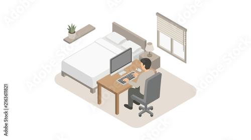 Man working from home in his bedroom isometric illustration