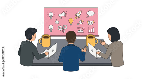Business team collaborating on a startup strategy presentation
